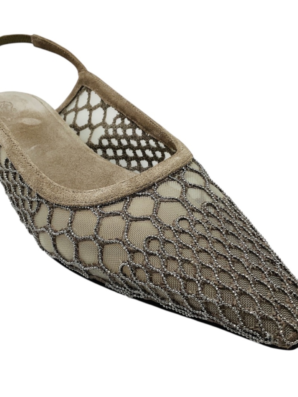 BRUNELLO CUCINELLI TAUPE MONILI BEAD EMBELLISHED MESH AND SUEDE SLINGBACK FLATS